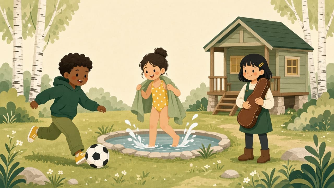 Illustration av barn som spelar fotboll, simmar och spelar fiol